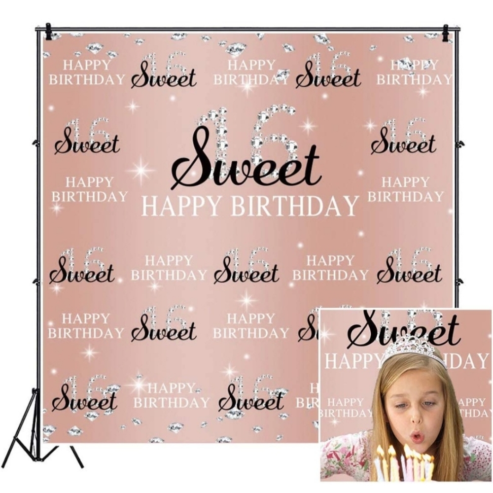 Rose Gold Pink Sweet 16 Birthday Backdrop.